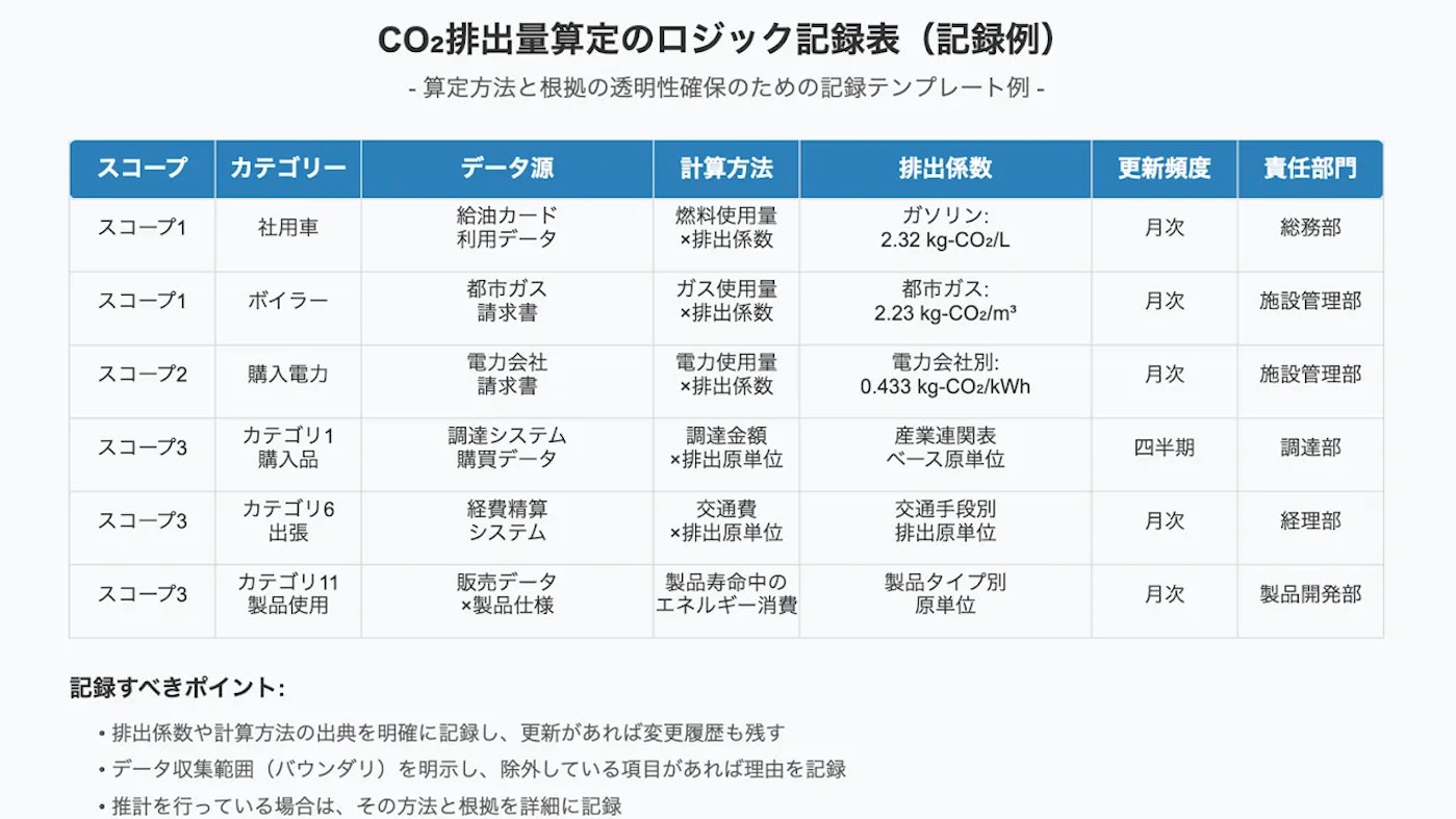 CO2排出量算定のロジック記録表の例