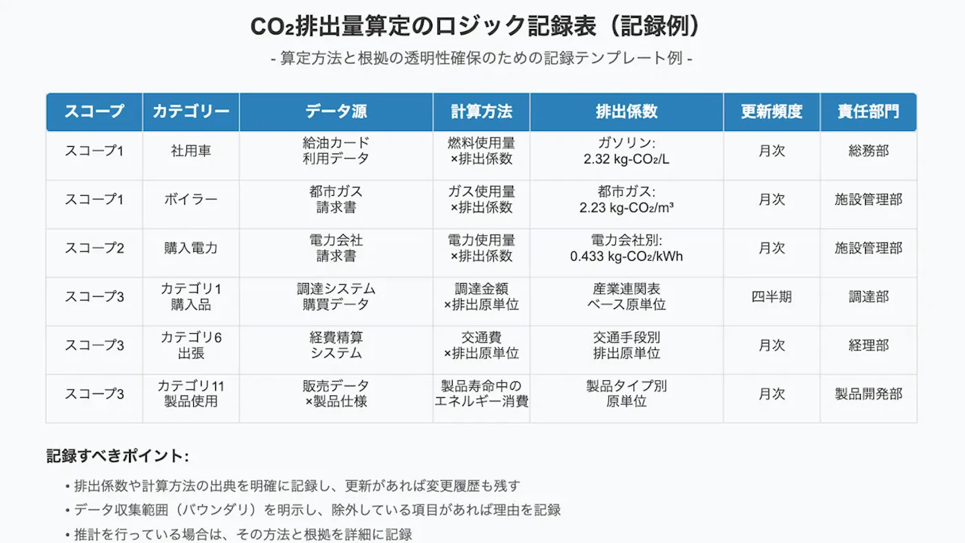 CO2排出量算定のロジック記録表の例