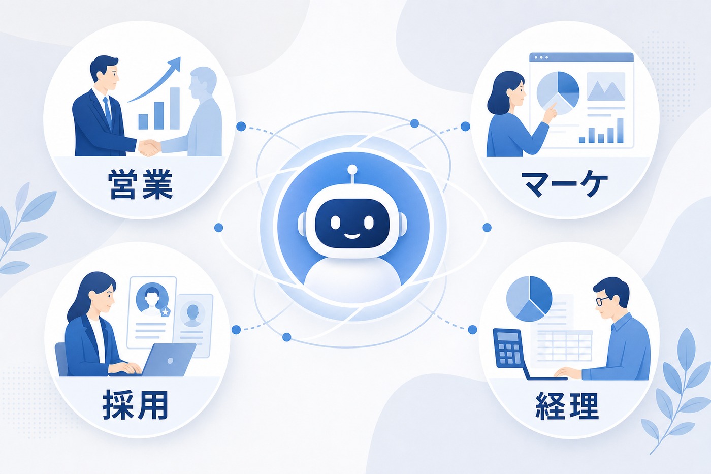 AIエージェントのビジネス活用。営業、マーケティング、採用、経理の業務を支援するイメージ
