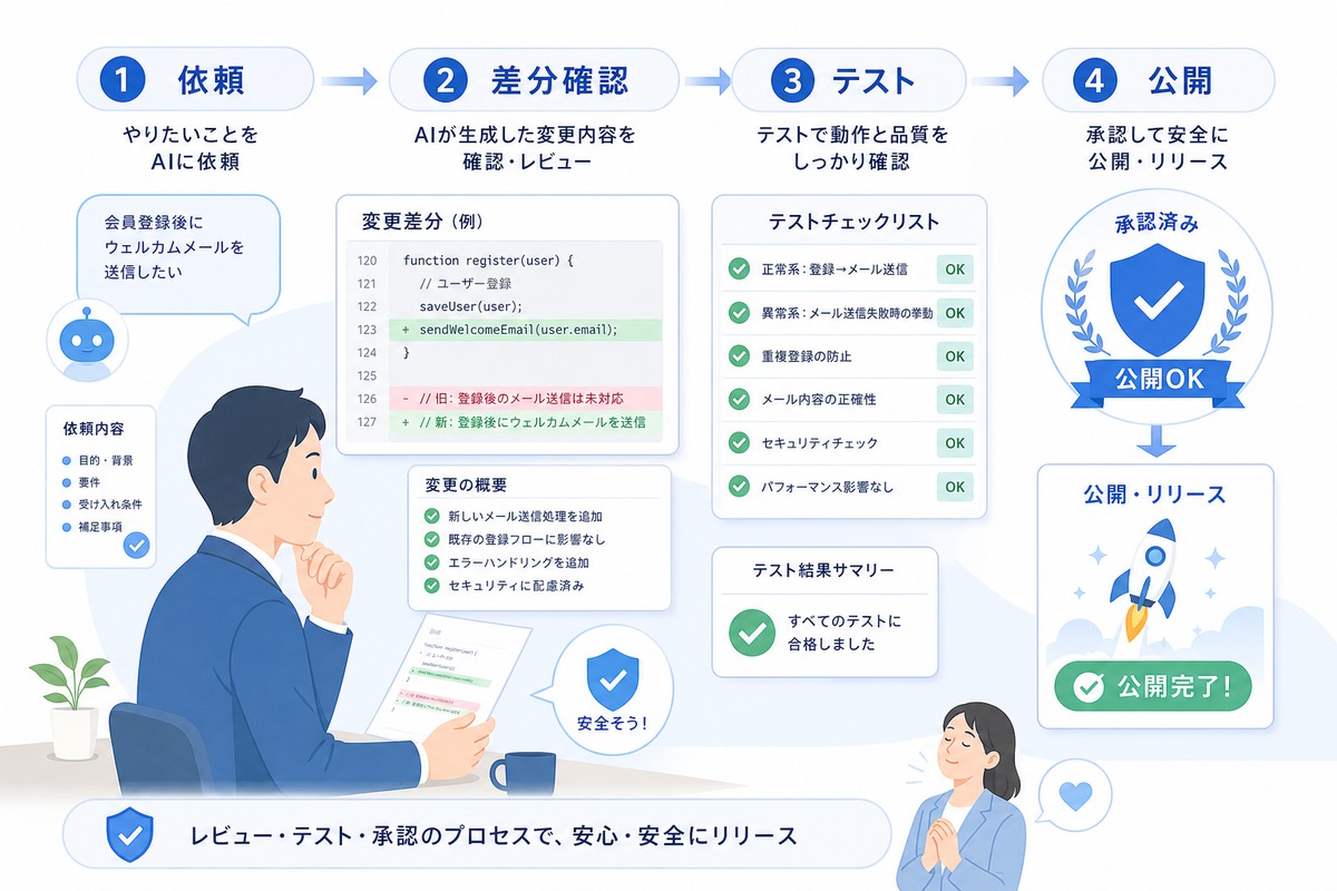 Claude Codeに依頼し、差分確認、テスト、公開へ進める安全なワークフロー