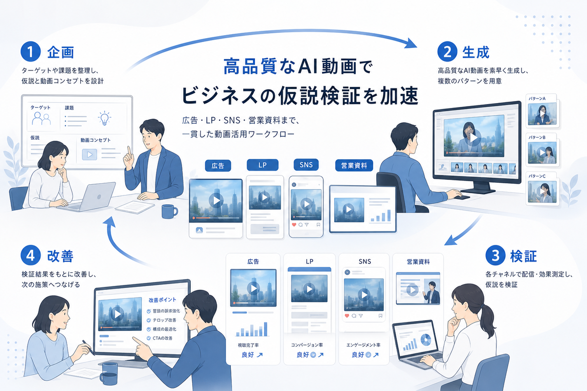 高品質なAI動画を企画、生成、検証、改善の流れでビジネス活用するイメージ