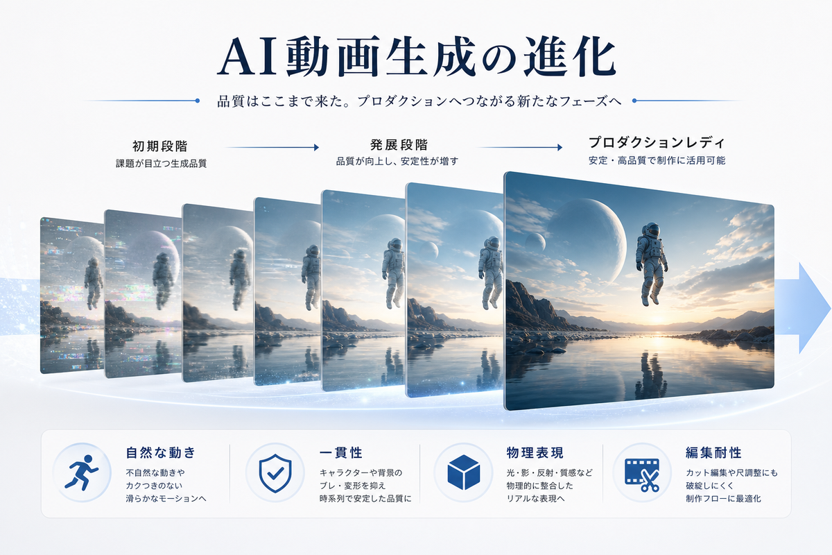 AI動画生成の品質が自然な動き、一貫性、物理表現、編集耐性の面で進化するイメージ