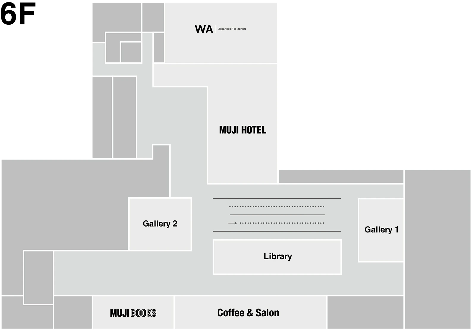 6th floor:WA Restaurant, MUJI HOTEL, Gallery 1 & 2, Library, MUJI BOOKS, Coffee & Salon