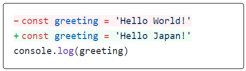 装飾されたコードのキャプチャ画像：const greeting = 'Hello World!' // [!code --] const greeting = 'Hello Japan!' // [!code ++] console.log(greeting)