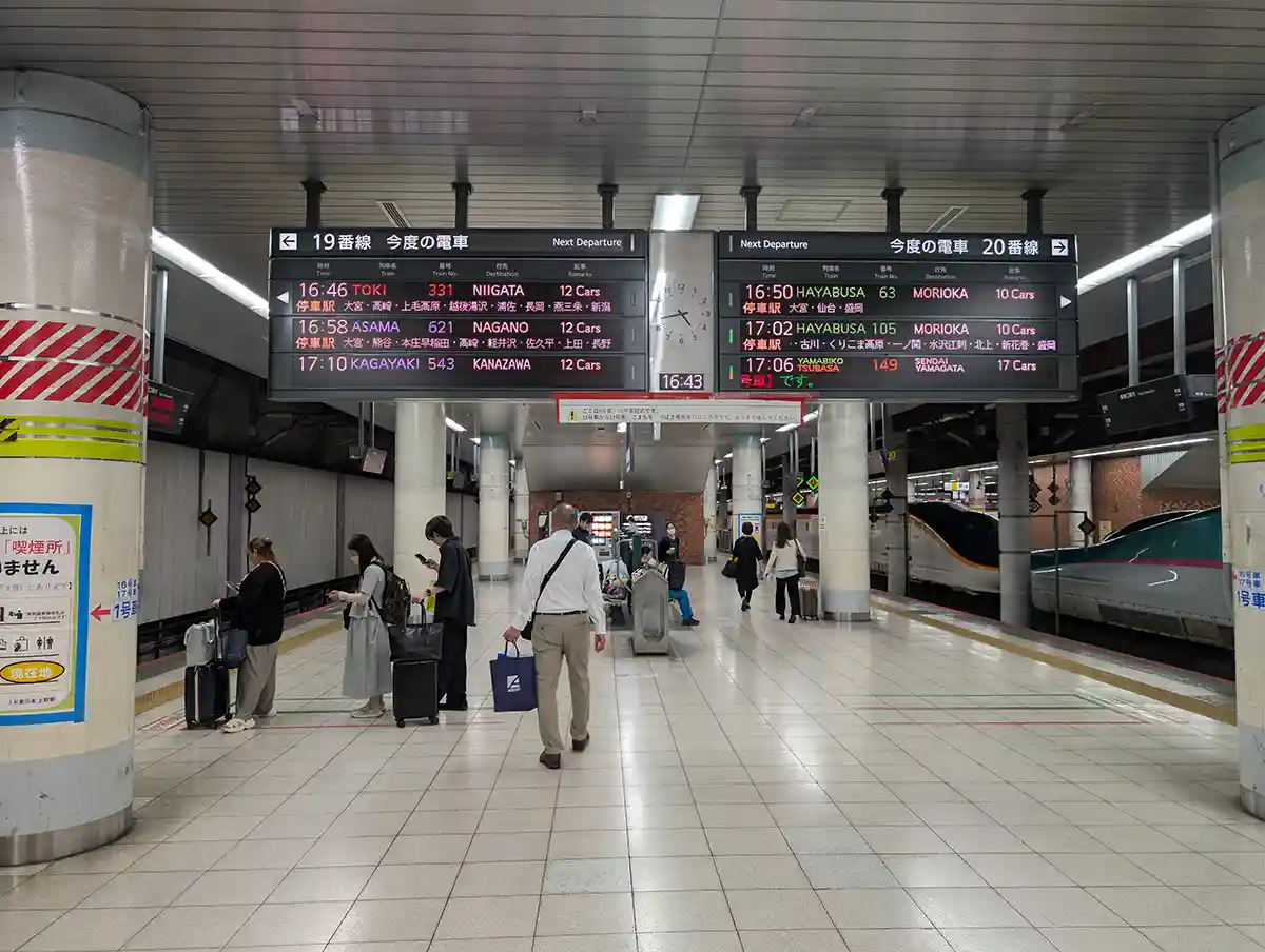 JR Ueno Station Shinkansen platform with departure boards for tracks 19 and 20