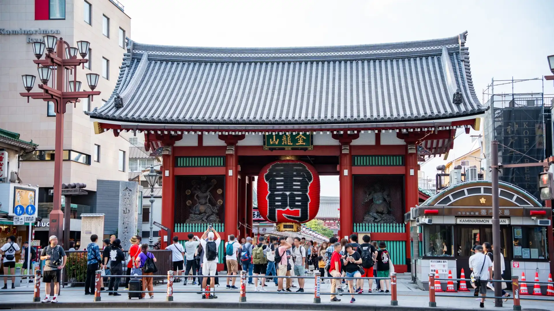 Kaminarimon Gate at Sensoji Temple in Asakusa with large red lantern and tourist crowd