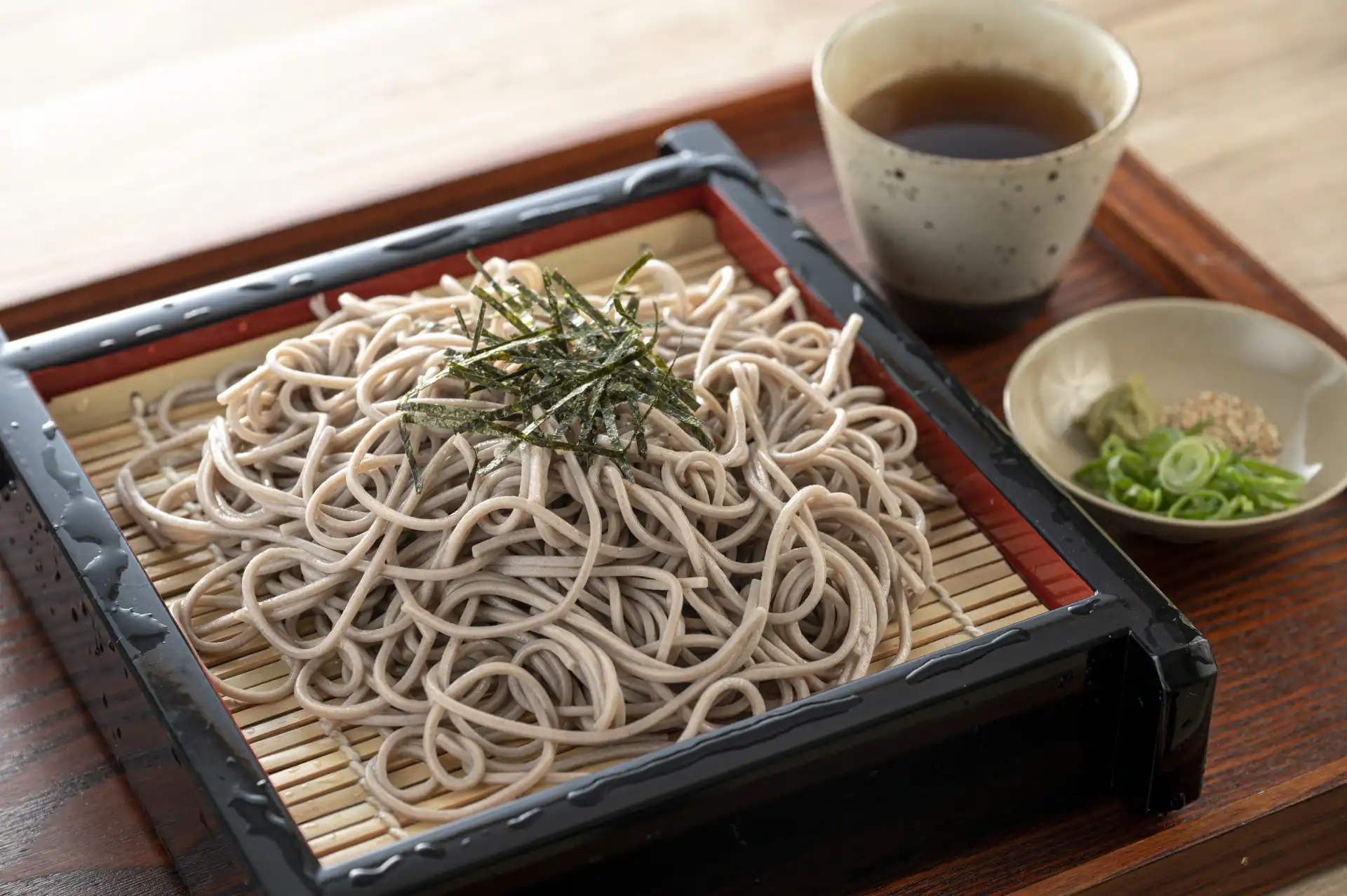 Traditional zaru soba noodles, a signature local dish of Nagano made from buckwheat