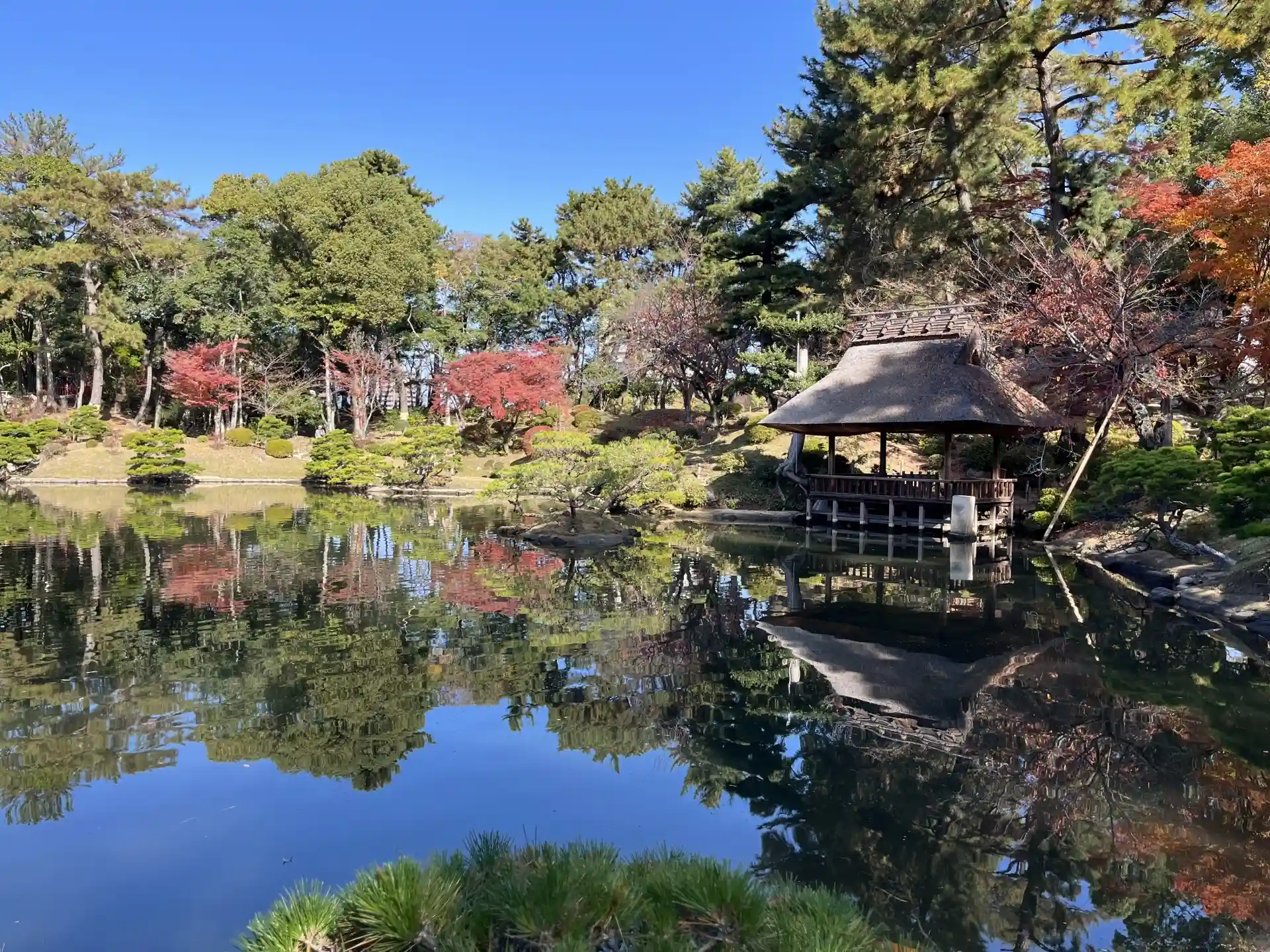 Scenic view of Shukkeien Garden’s pond and seasonal foliage in Hiroshima