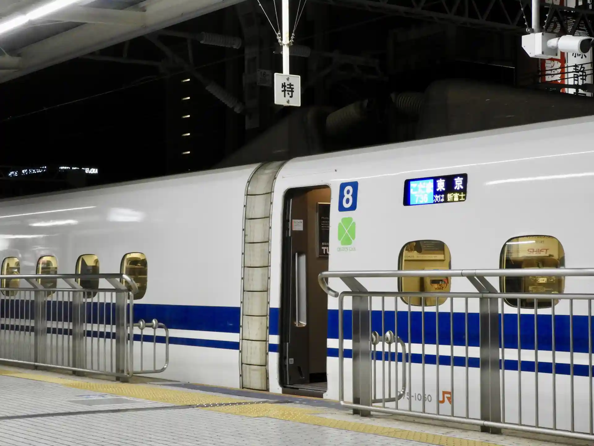 Kodama Shinkansen train on the platform showing its service name and Tokyo destination