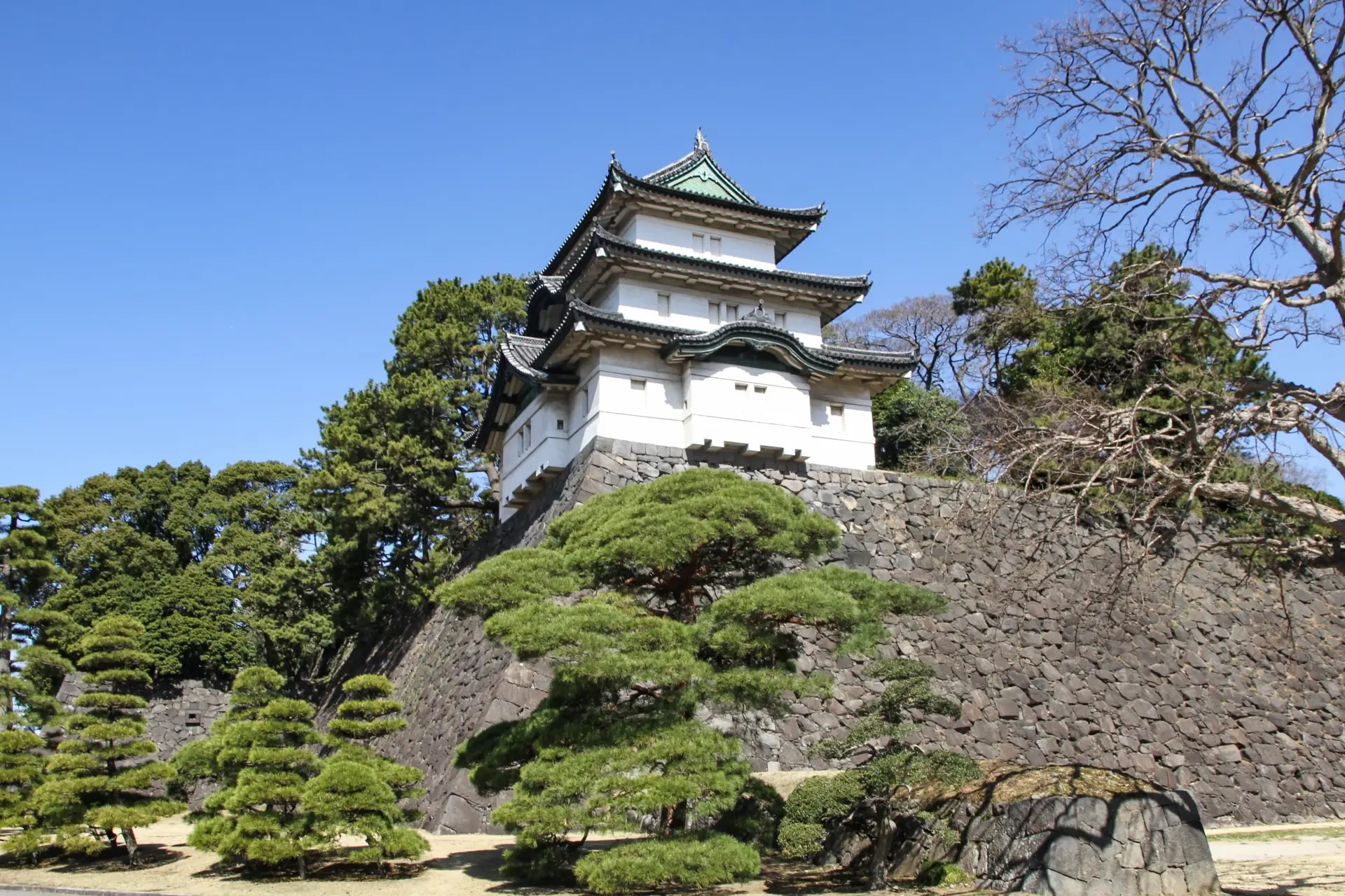 Imperial Palace East Gardens with traditional turret structure and preserved stone fortifications