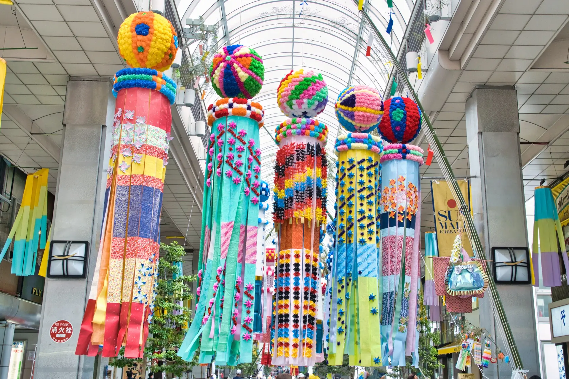 Giant handcrafted Tanabata ornaments hanging in rows at Sendai’s traditional summer festival