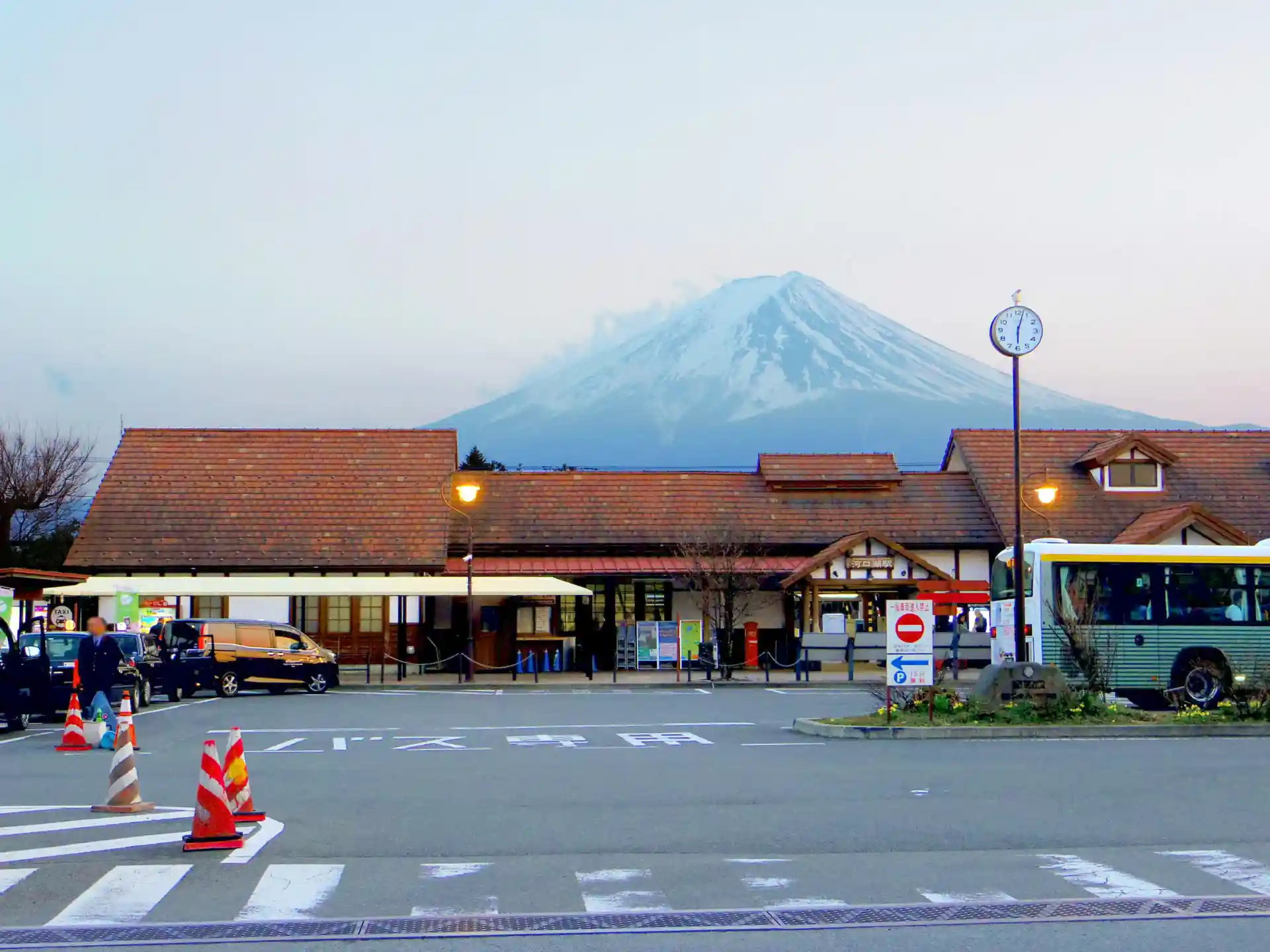 Kawaguchiko Station, the final stop of the Fuji Excursion train, with Mount Fuji visible behind the station building