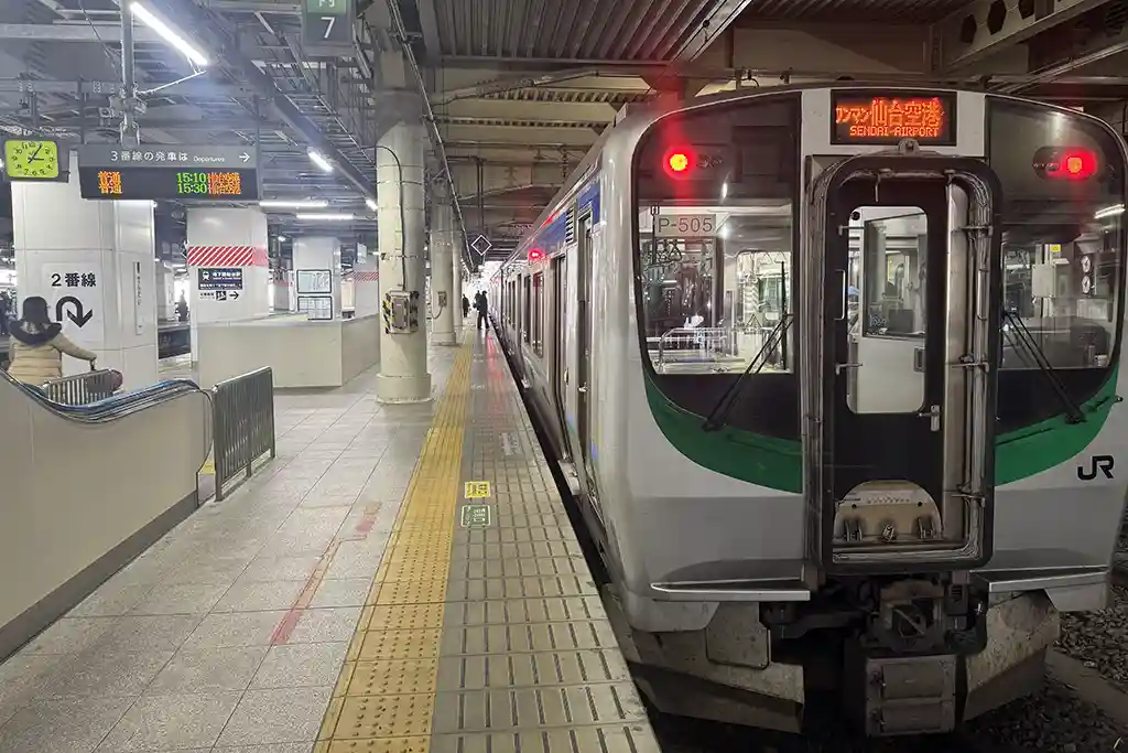 Sendai Airport Access Line train at Sendai Station platform connecting the city center with Sendai Airport.