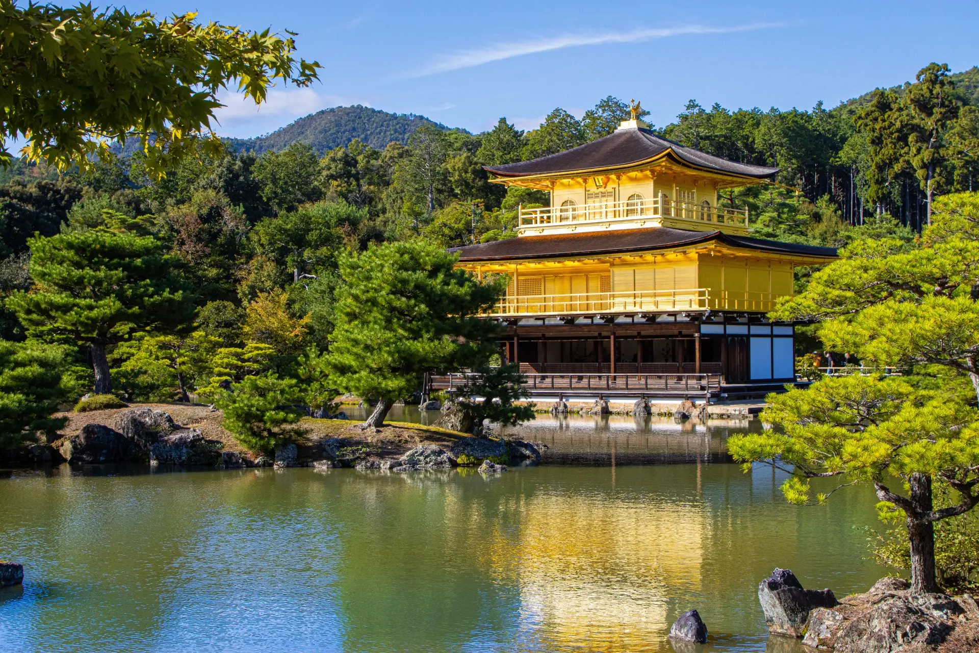 Kinkakuji Temple Golden Pavilion in Kyoto reflected in a serene pond surrounded by trees
