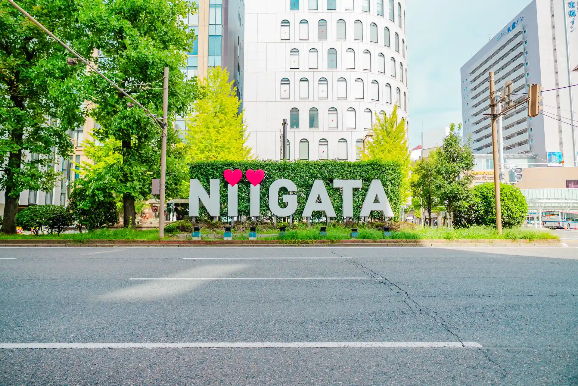 NIIGATA letter logo monument near Niigata Station, serving as a popular landmark for visitors exploring the station area