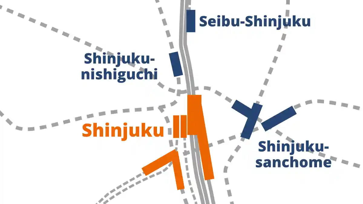 Map showing stations with the Shinjuku name including Shinjuku, Seibu-Shinjuku, Shinjuku-sanchome, and Shinjuku-nishiguchi in Tokyo