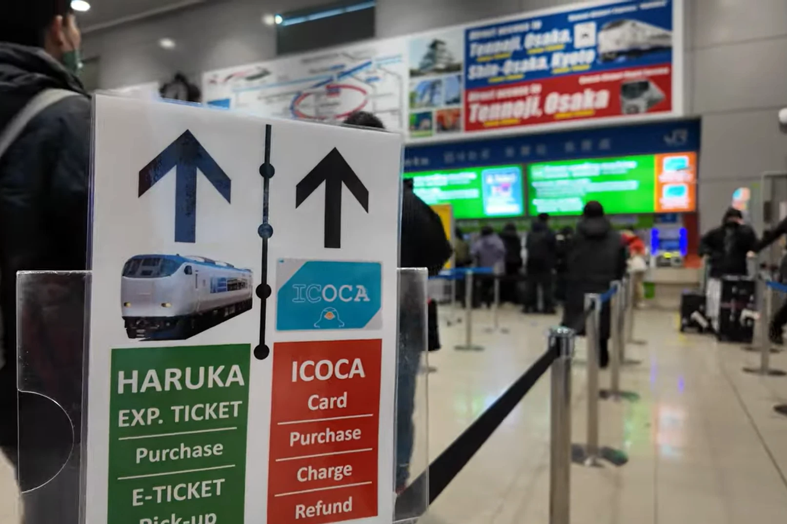 Haruka Express ticket and ICOCA card sign at Kansai Airport Station