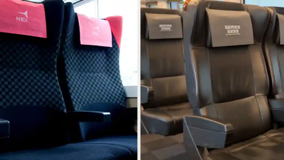 Narita Express train seats comparing standard ordinary car seating and wider Green Car seats