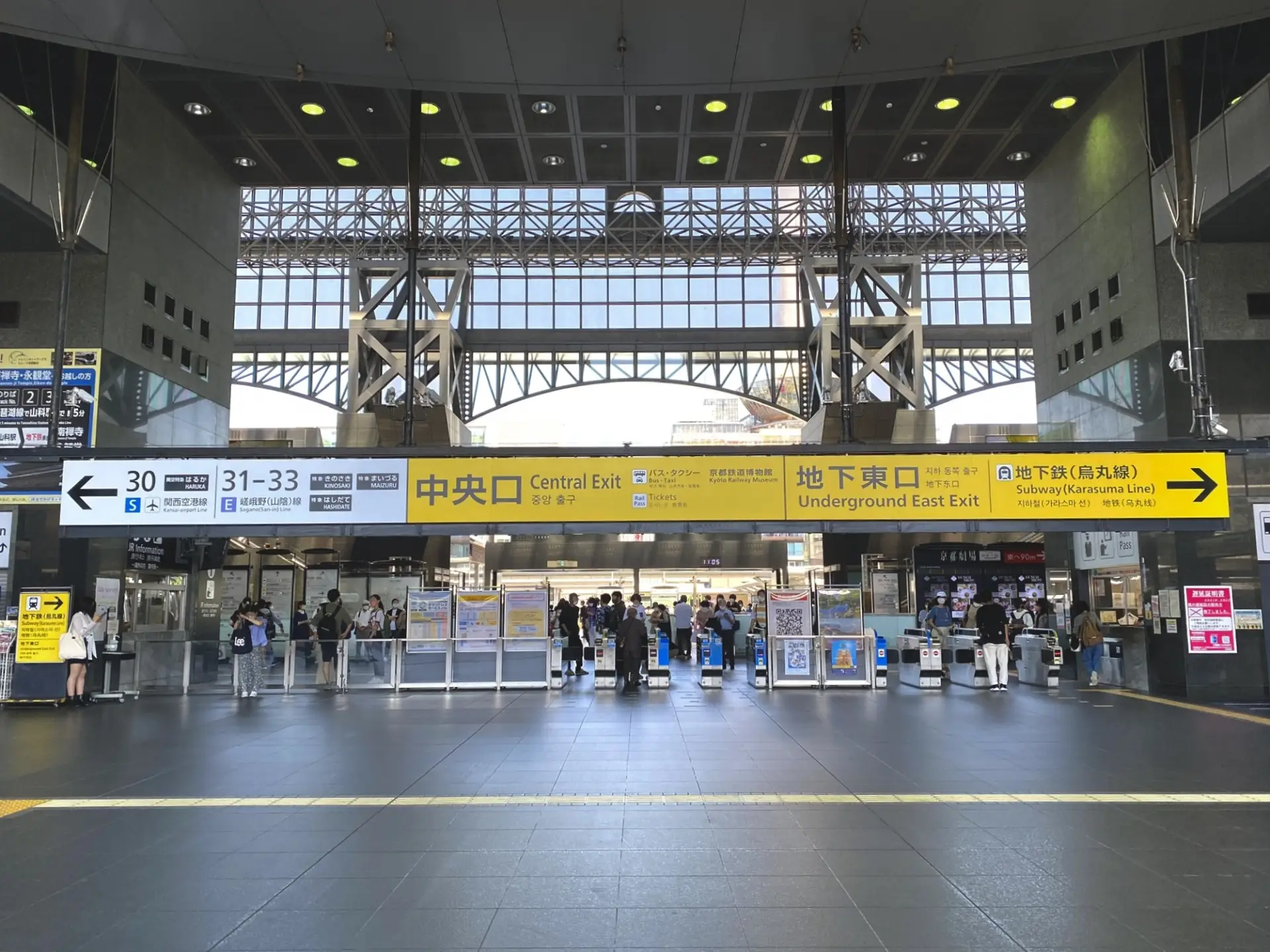 Kyoto Station Central Exit area with signs for Shinkansen, JR, and Karasuma Subway Line