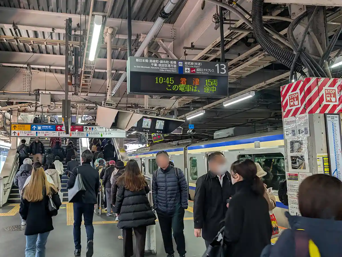 Narita Express platform at Shinagawa Station with passengers walking and train at platform 13