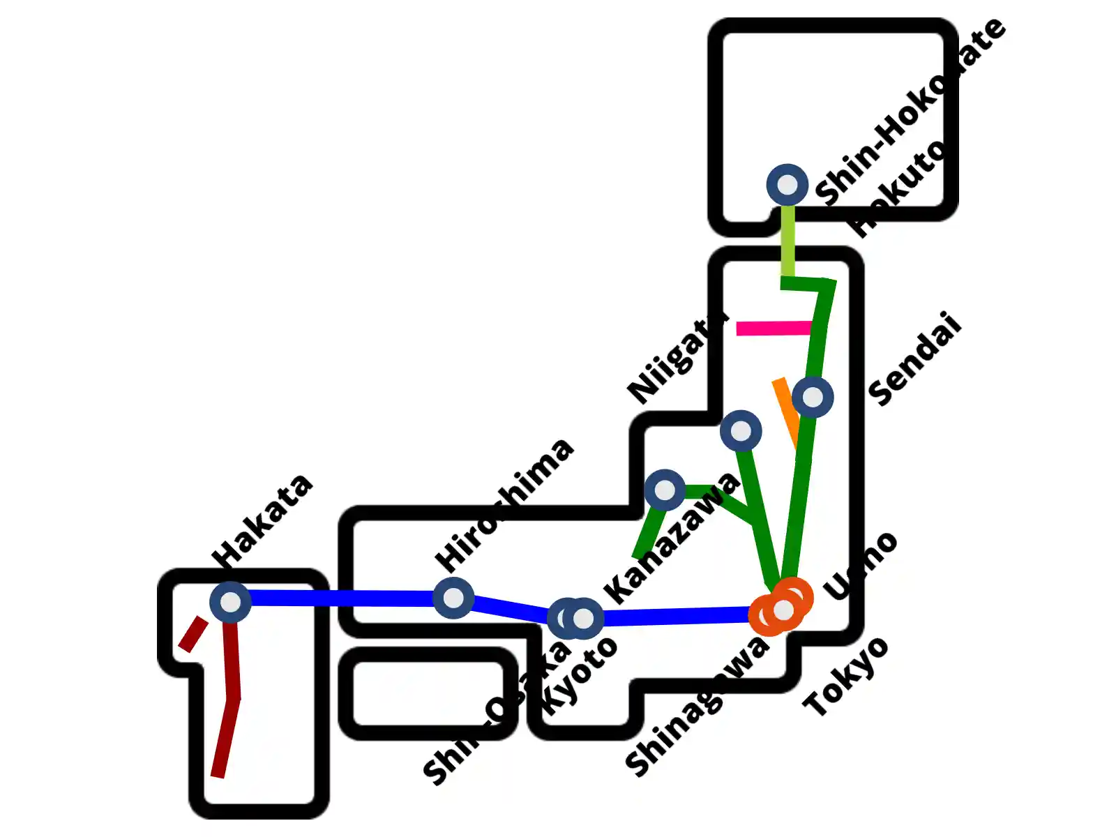 Shinkansen route map of Japan with major stations including Tokyo, Shinagawa, and Ueno