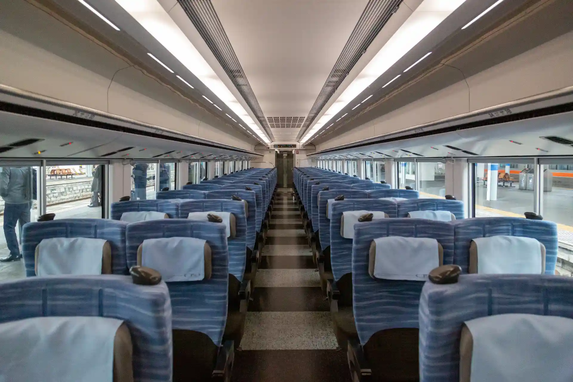 Seat layout inside the Fuji Excursion limited express train used for travel between Shinjuku and Kawaguchiko near Mount Fuji