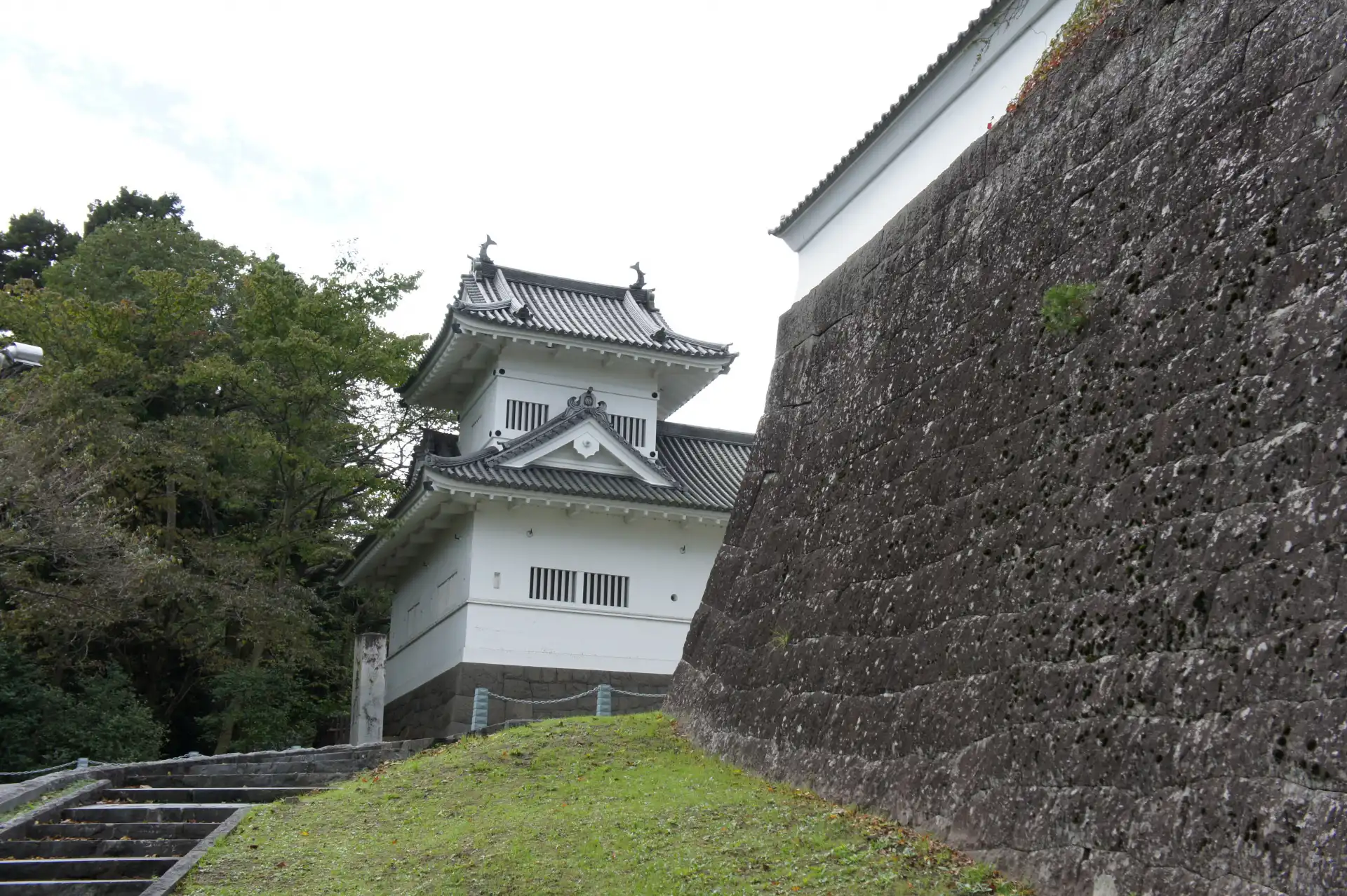 Stone walls and turret remains of Aoba Castle, a historic site in Sendai.