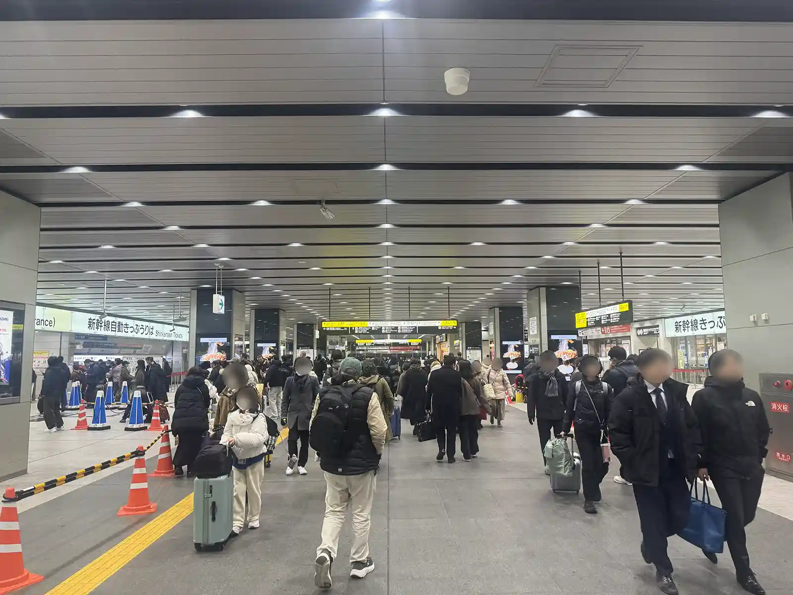 Shin-Osaka Station Shinkansen ticket office area with travelers lining up near ticket counters and guidance signs