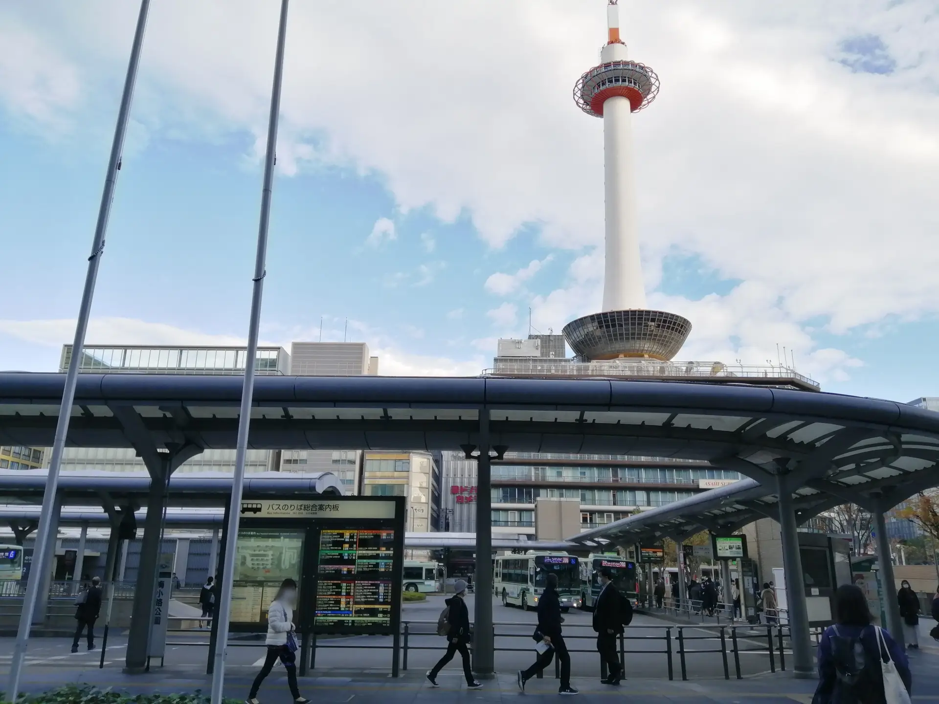 Kyoto Station bus terminal with Kyoto Tower in the background, located across from the station’s north exit