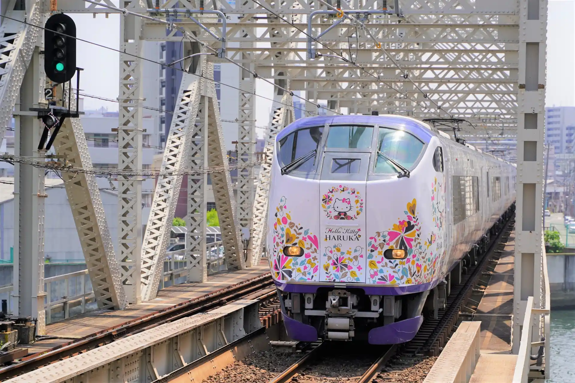Haruka Express train with Hello Kitty design connecting Kansai Airport and major stations in Osaka and Kyoto