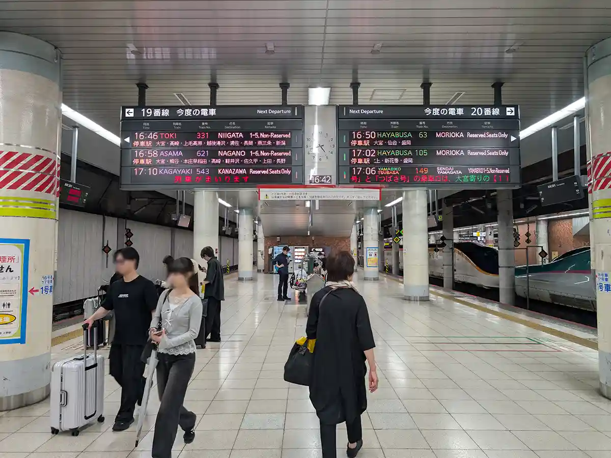 Ueno Station Shinkansen platform at Tracks 19 and 20 with departure boards and waiting passengers
