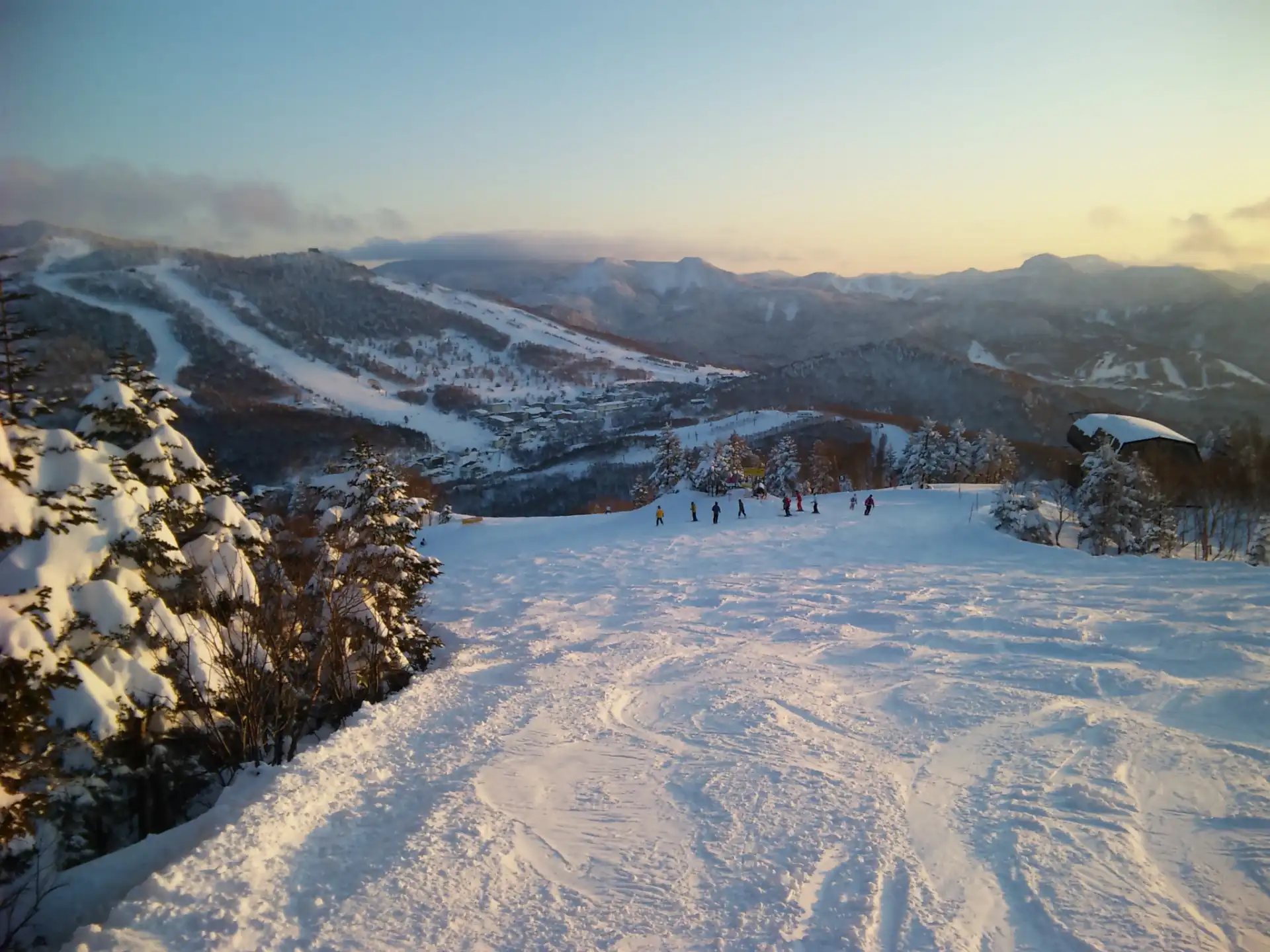 Winter landscape of Shiga Kogen with snowy trees and panoramic mountain scenery