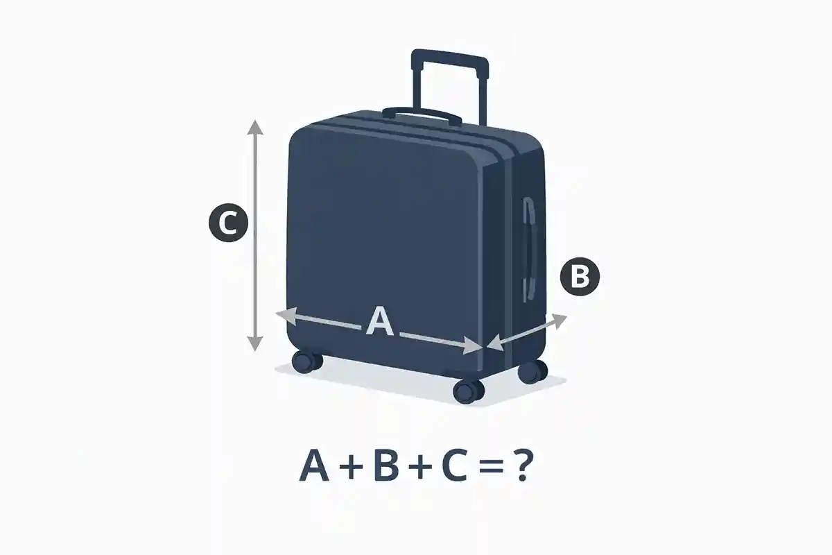 Diagram shows how to calculate luggage total dimensions by adding length, width, and height (A + B + C).