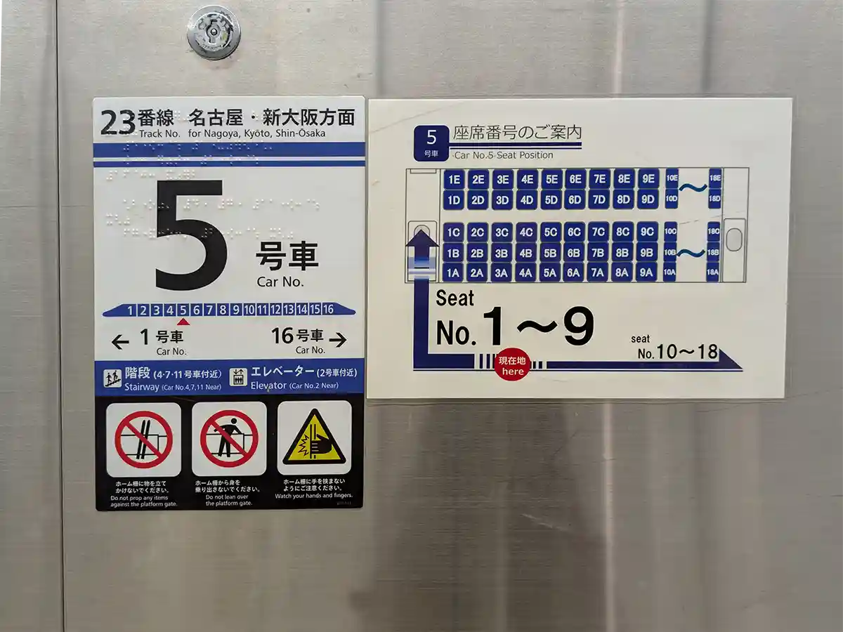 Shinkansen platform sign showing car number and seat position layout on platform screen doors