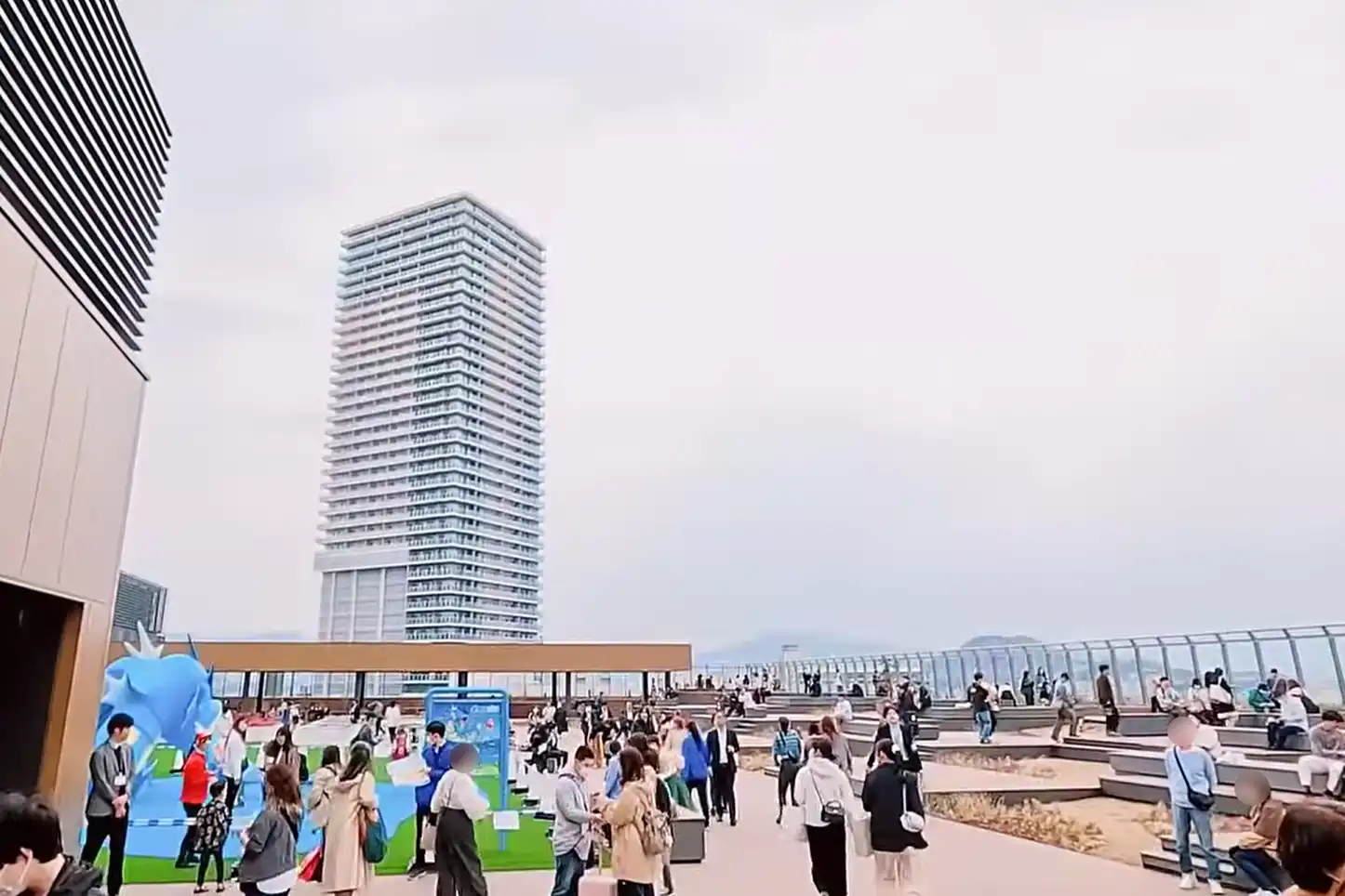 Popular rooftop plaza Soramoa Hiroba at Hiroshima Station offering open-air seating and panoramic city views