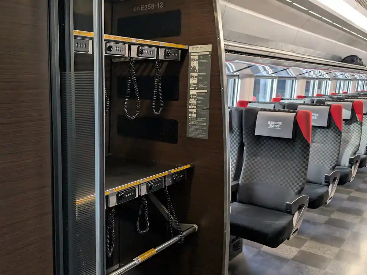 Narita Express luggage storage area inside train car with suitcase rack and overhead luggage shelves