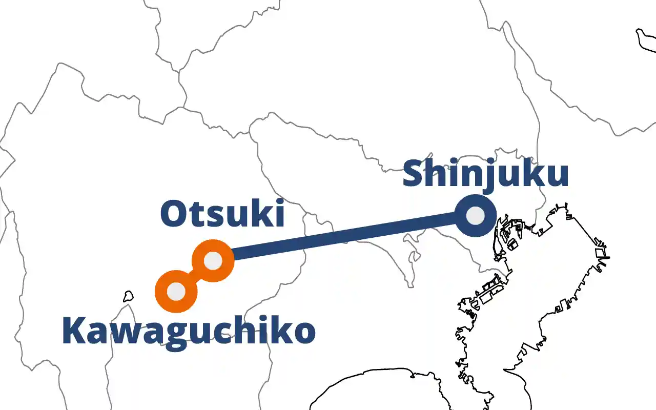 Fuji Excursion route map showing the train line from Shinjuku to Otsuki and Kawaguchiko for travel to Mount Fuji