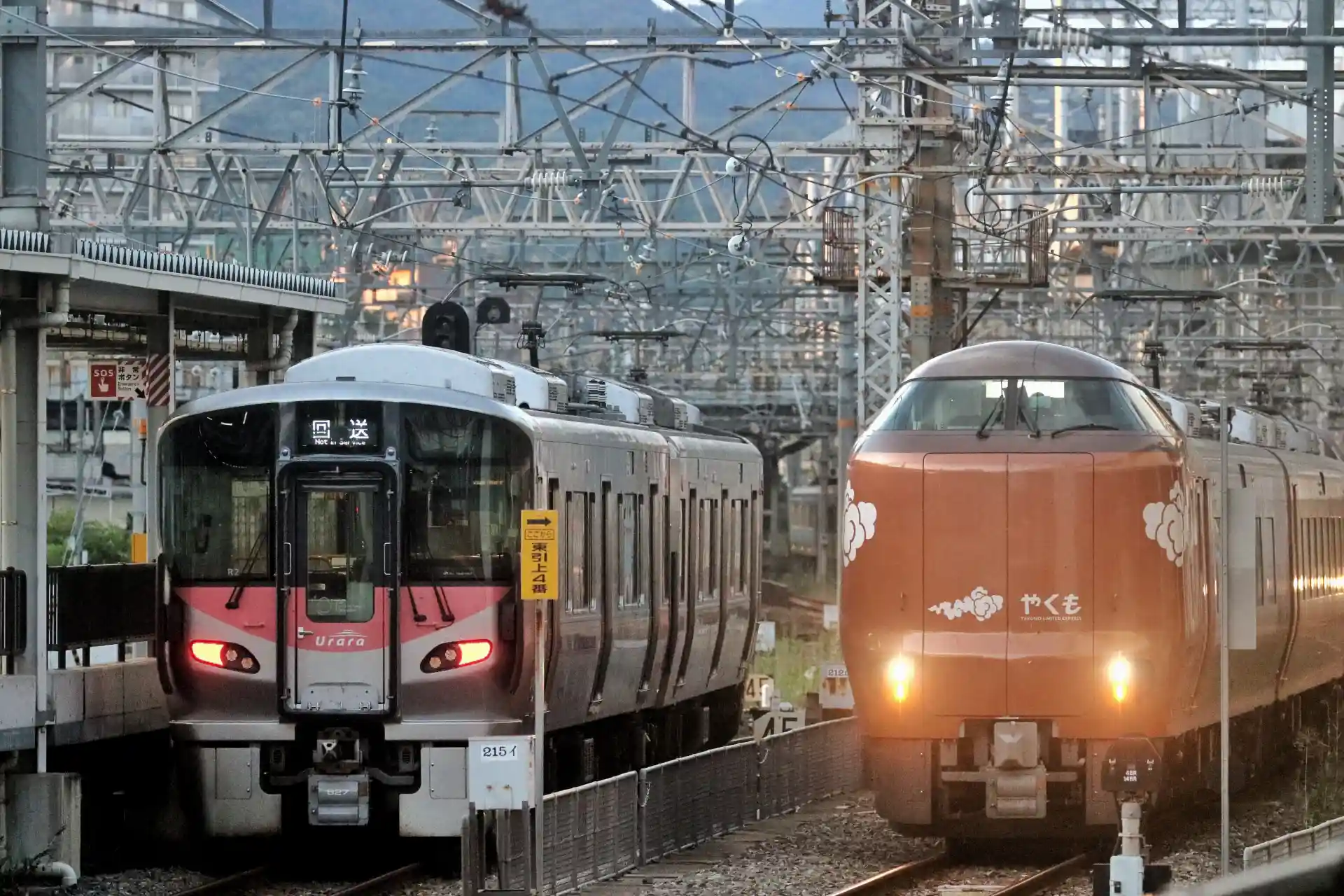 JR local and limited express trains at Okayama Station platform used for travel to nearby cities