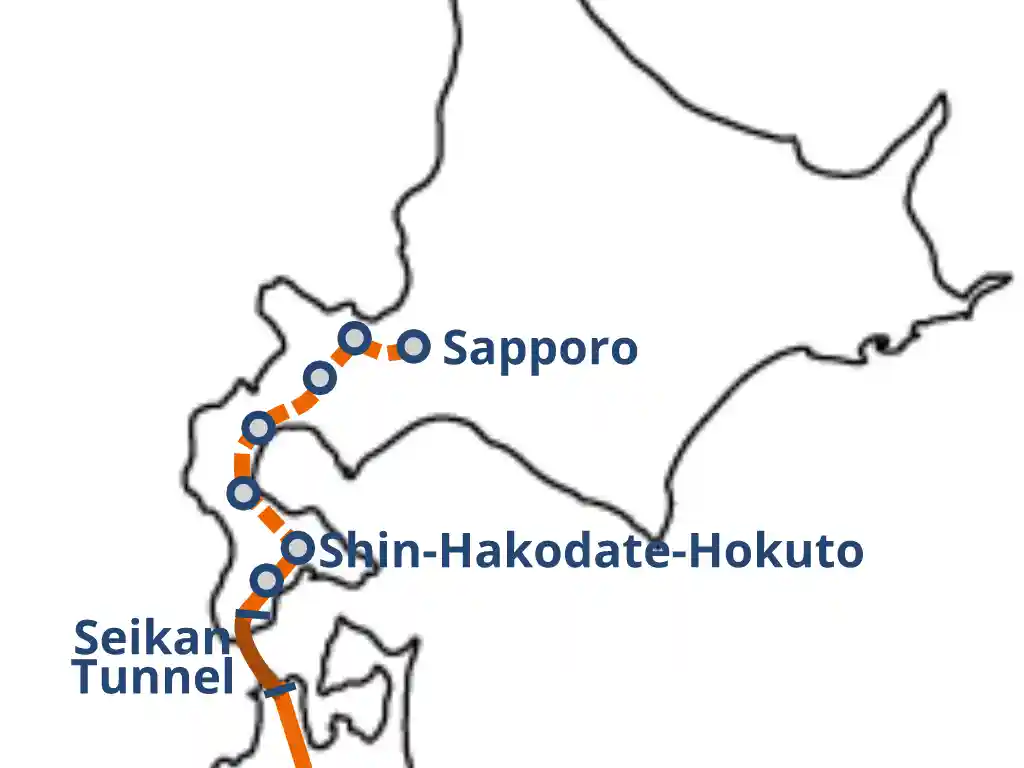 Hokkaido Shinkansen line map highlighting Shin-Hakodate-Hokuto and planned rail route to Sapporo