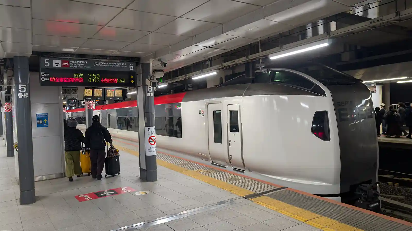 Narita Express limited express train stopped at a platform inside Shinjuku Station for airport access in Tokyo