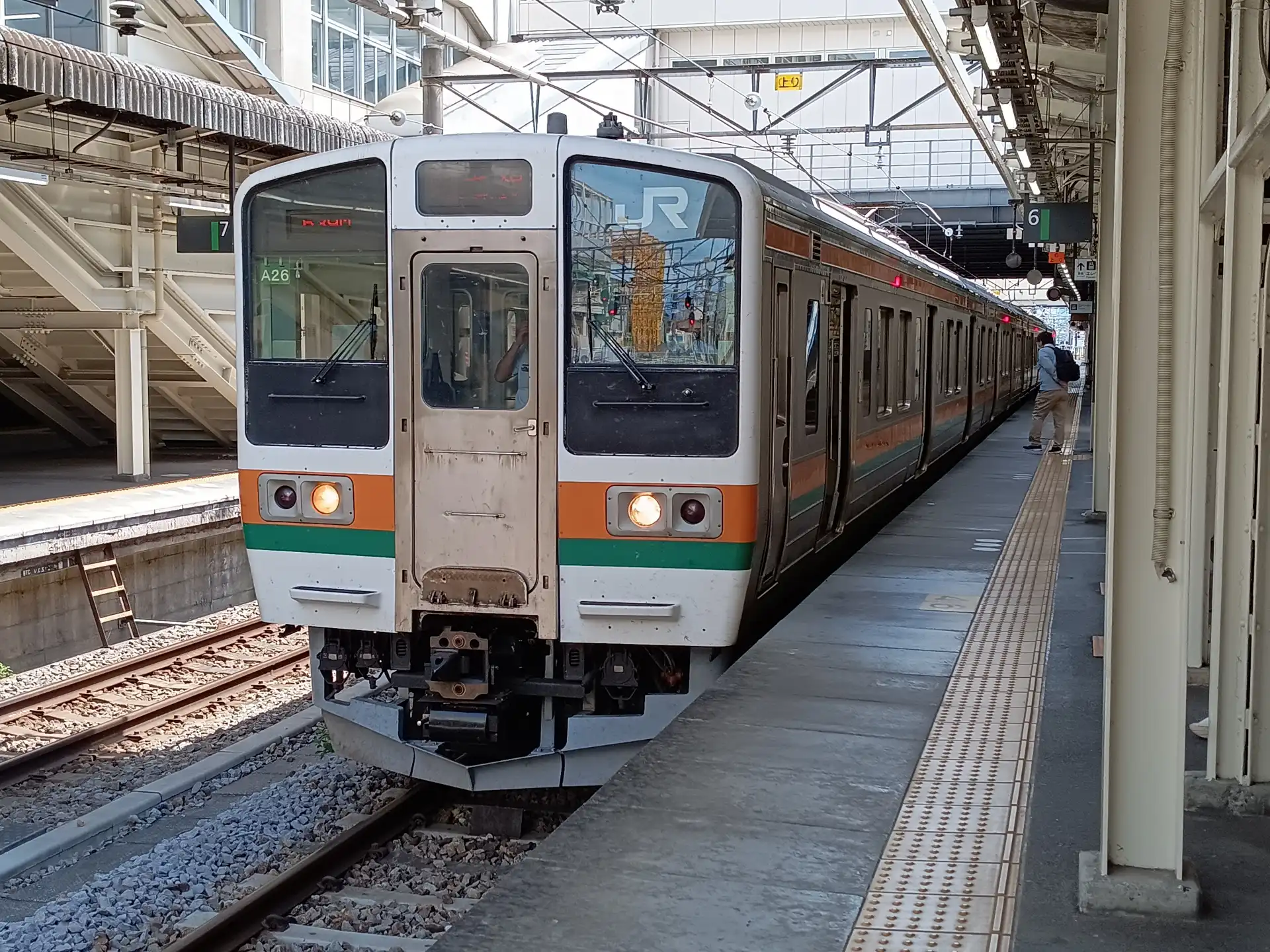 JR local train at Takasaki Station platform showing the front car and station details