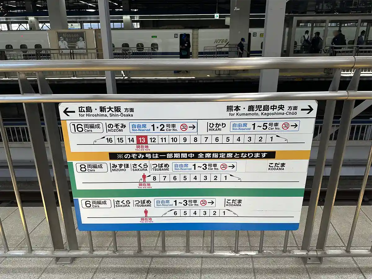 Shinkansen car position guide on the Hakata Station platform showing train car numbers and directions