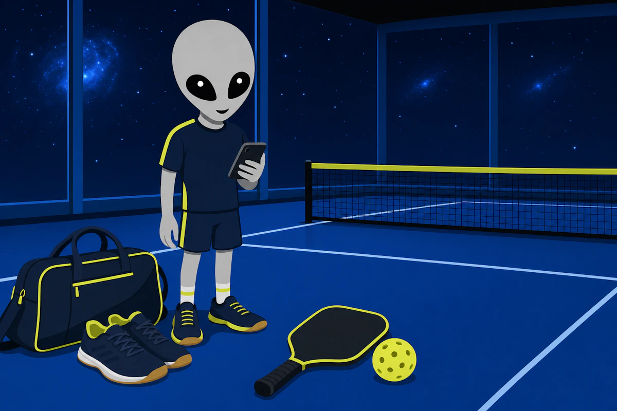 宇宙人が出発前に、屋内用シューズとパドルをバッグの横にそろえ、スマートフォンでコート予約を確認する構図