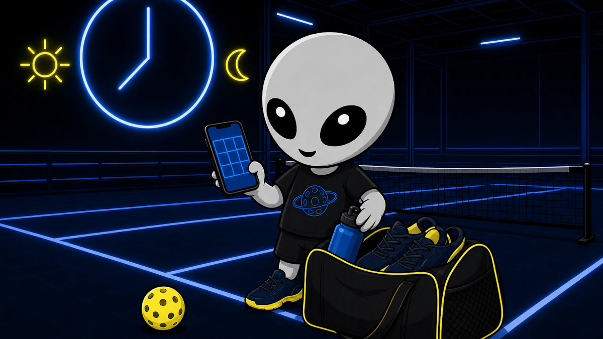 宇宙人マスコットが、朝と夜を示す時計のモチーフのそばで、スマートフォンの空き枠を確認しながら飲み物とシューズをバッグに入れて準備する構図