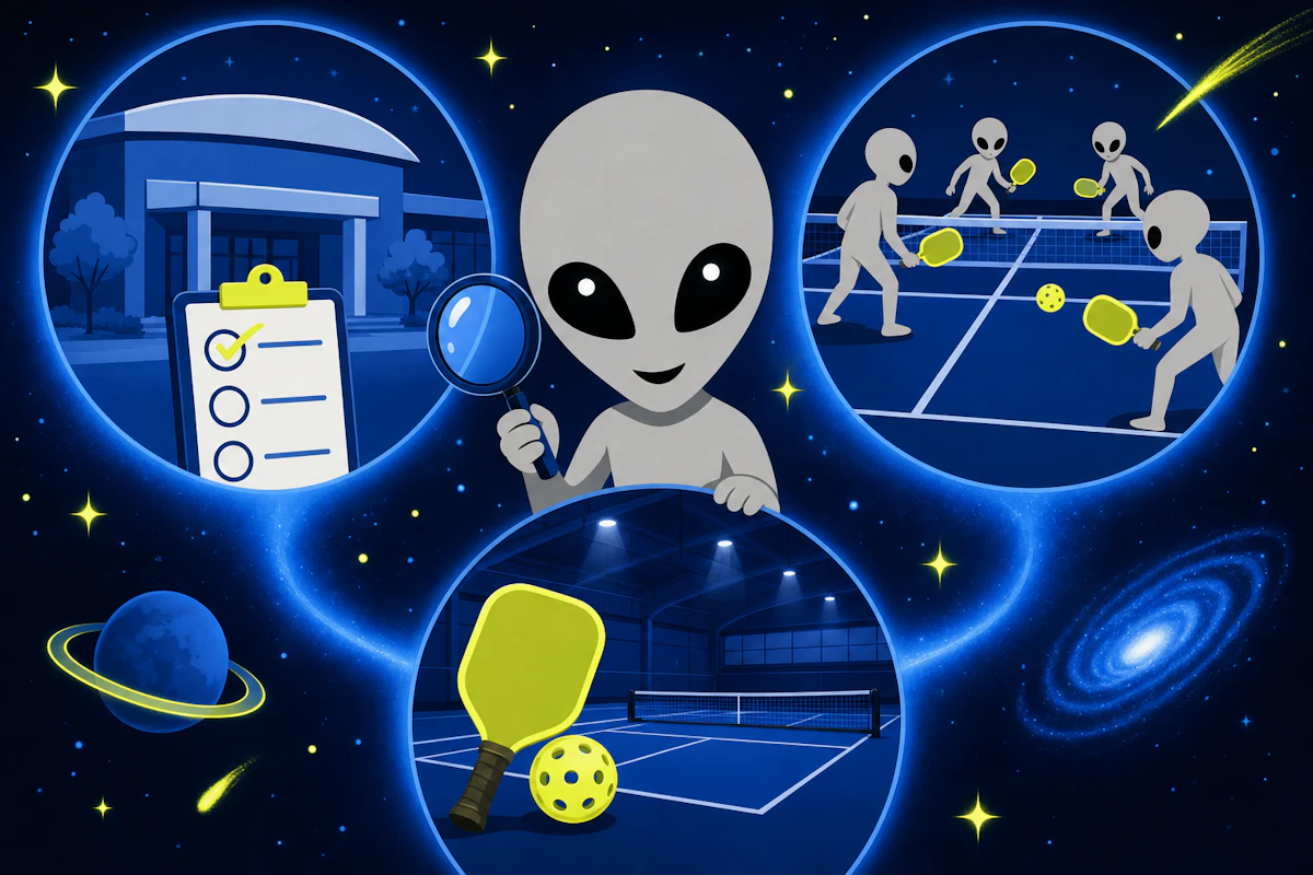 宇宙人が、公共体育館・地域クラブ・屋内専用コートを表す3つのシンプルな建物アイコンを並べ、ピックルボールをする場所の選択肢を指し示す構図
