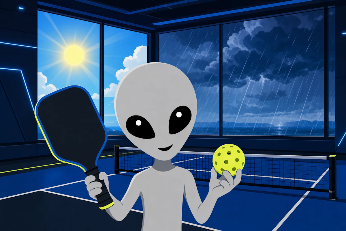 グレーの宇宙人マスコットが、窓の外に強い夏の日差しと急な雨雲が見える屋内コートで、パドルと穴の開いたボールを手に安心した笑顔でプレーを始める構図
