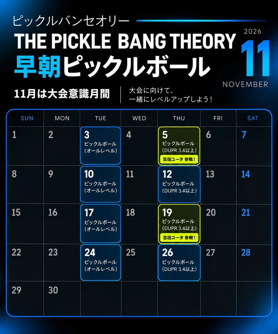 2026年11月の早朝ピックルボール開催カレンダー。火曜3・10・17・24日はオールレベル、木曜5・12・19・26日はDUPR3.4以上。5日と19日は吉田祐太選手参戦