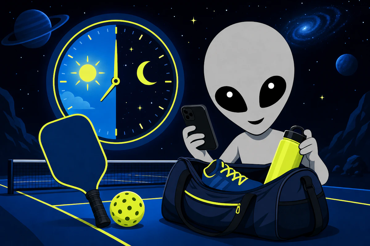 グレーの宇宙人マスコットが、朝と夜を示す時計のモチーフのそばで、スマートフォンの空き枠を確認しながら飲み物とシューズをバッグに入れて準備する構図