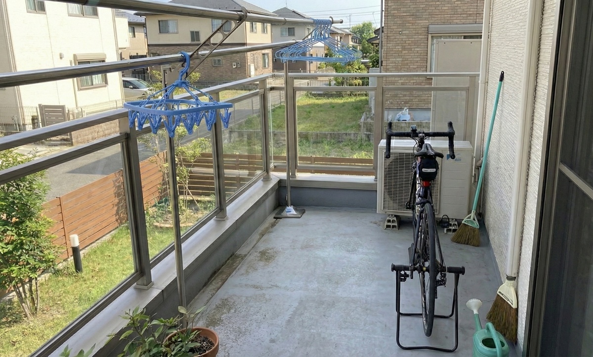 一軒家のベランダに置かれたロードバイク。