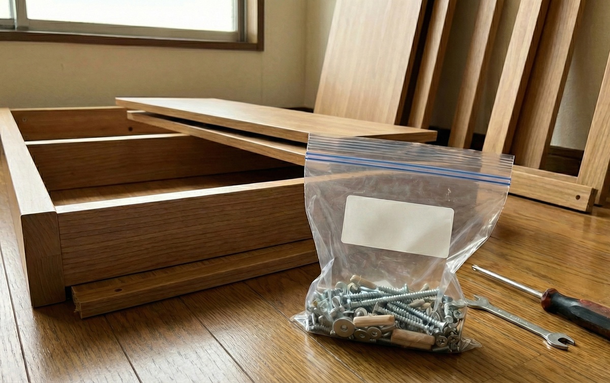 解体した本棚と、チャック付きポリ袋にまとめられたネジや部品